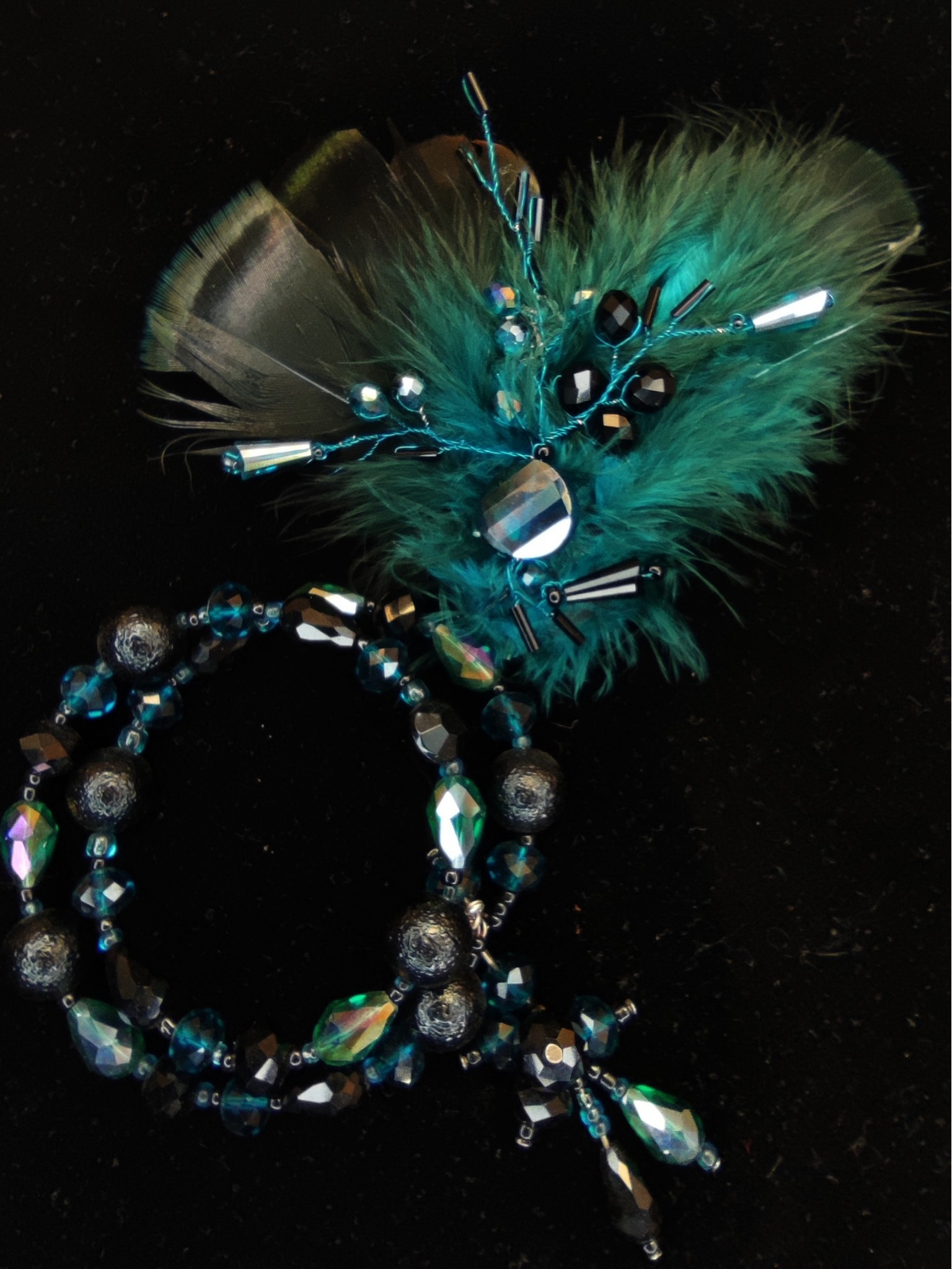 Handmade Feather Hairpiece in Teal and Black - Heavenly Feathers Handmade Feather Hairpiece in Teal and Black - Heavenly Feathers