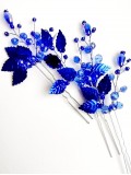 Luxurious jewelry set - Crystal Hair Pins and Bracelet with Crystals and Leaves in Dark Blue - Set of 3 - Goddess Asteria