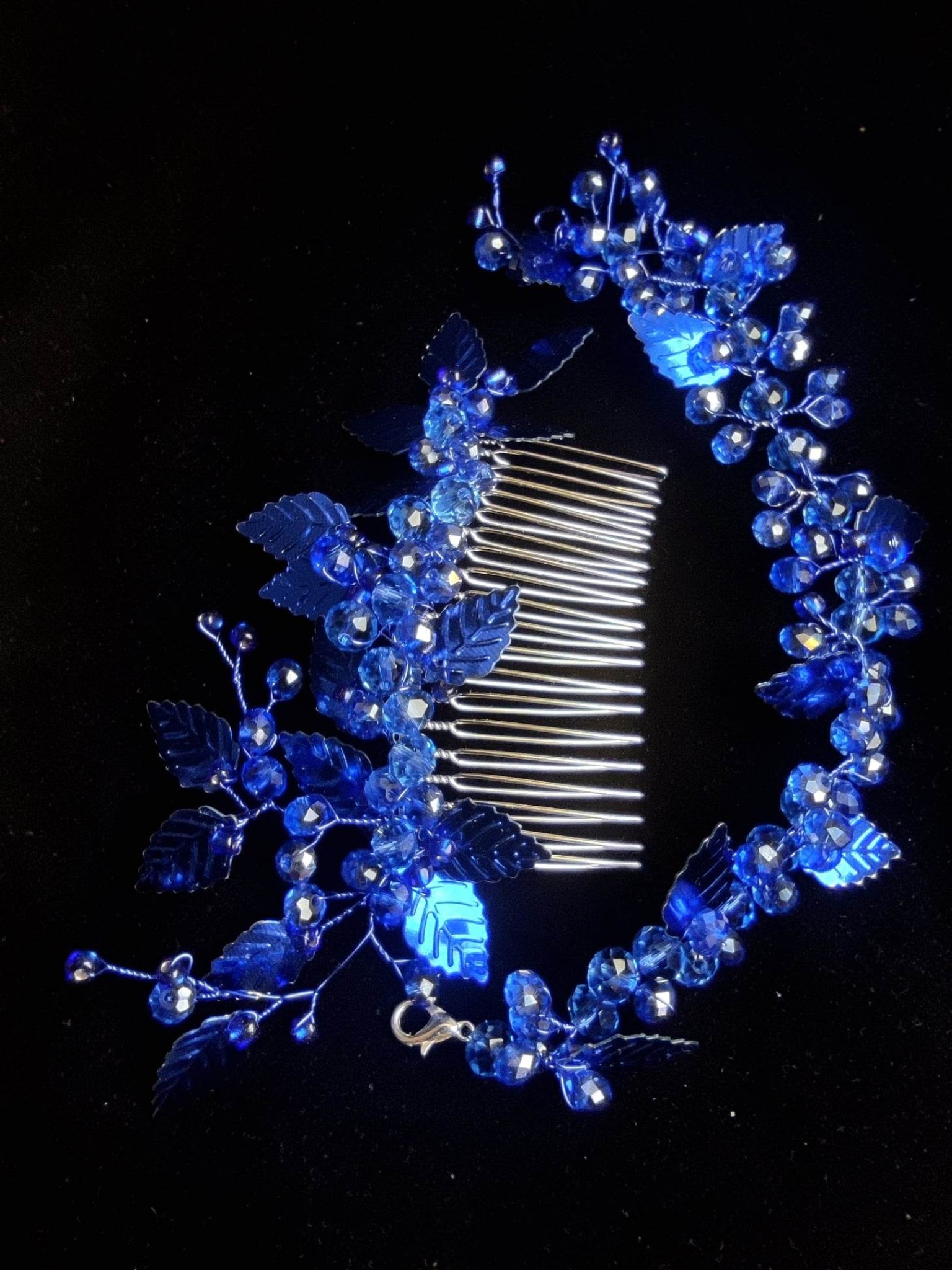 Unique Crystal Hair comb in Dark Blue with Crystals and Leaves - Goddess Asteria