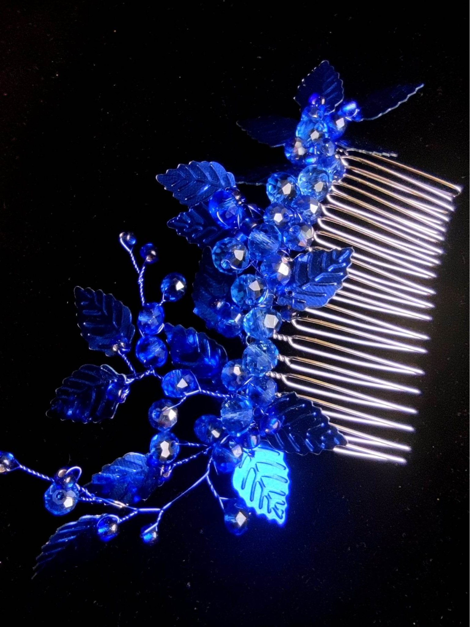 Unique Crystal Hair comb in Dark Blue with Crystals and Leaves - Goddess Asteria