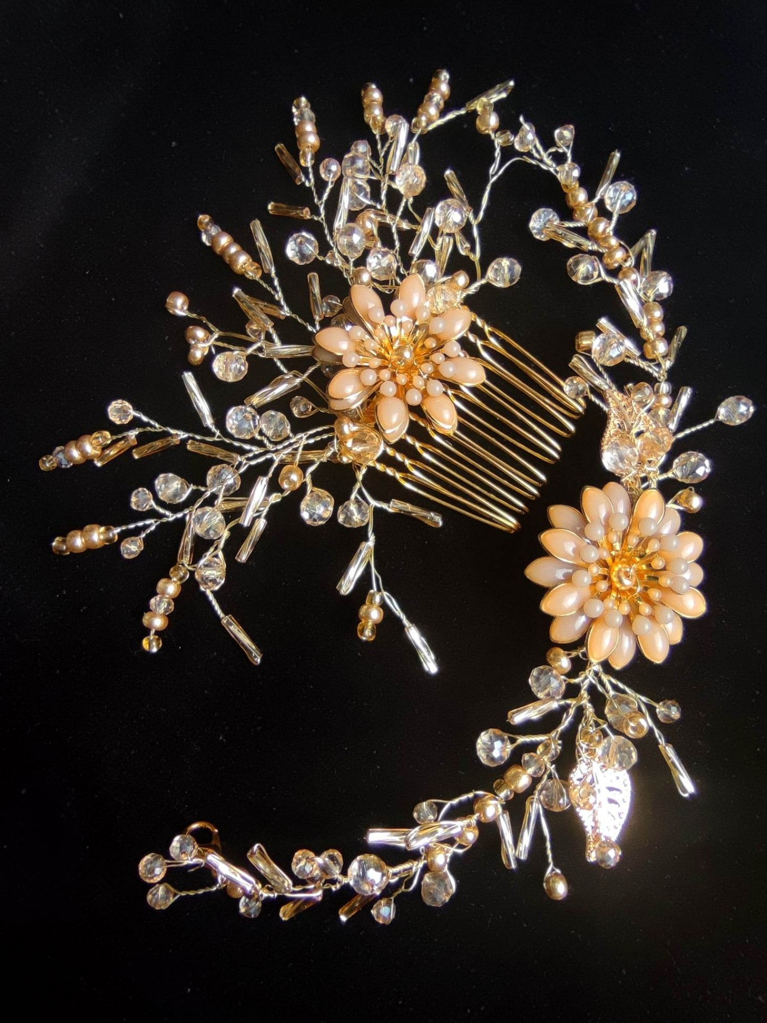 Designer Bracelet in Beige and Gold with Swarovski Crystals and Flowers - Flower of the Desert