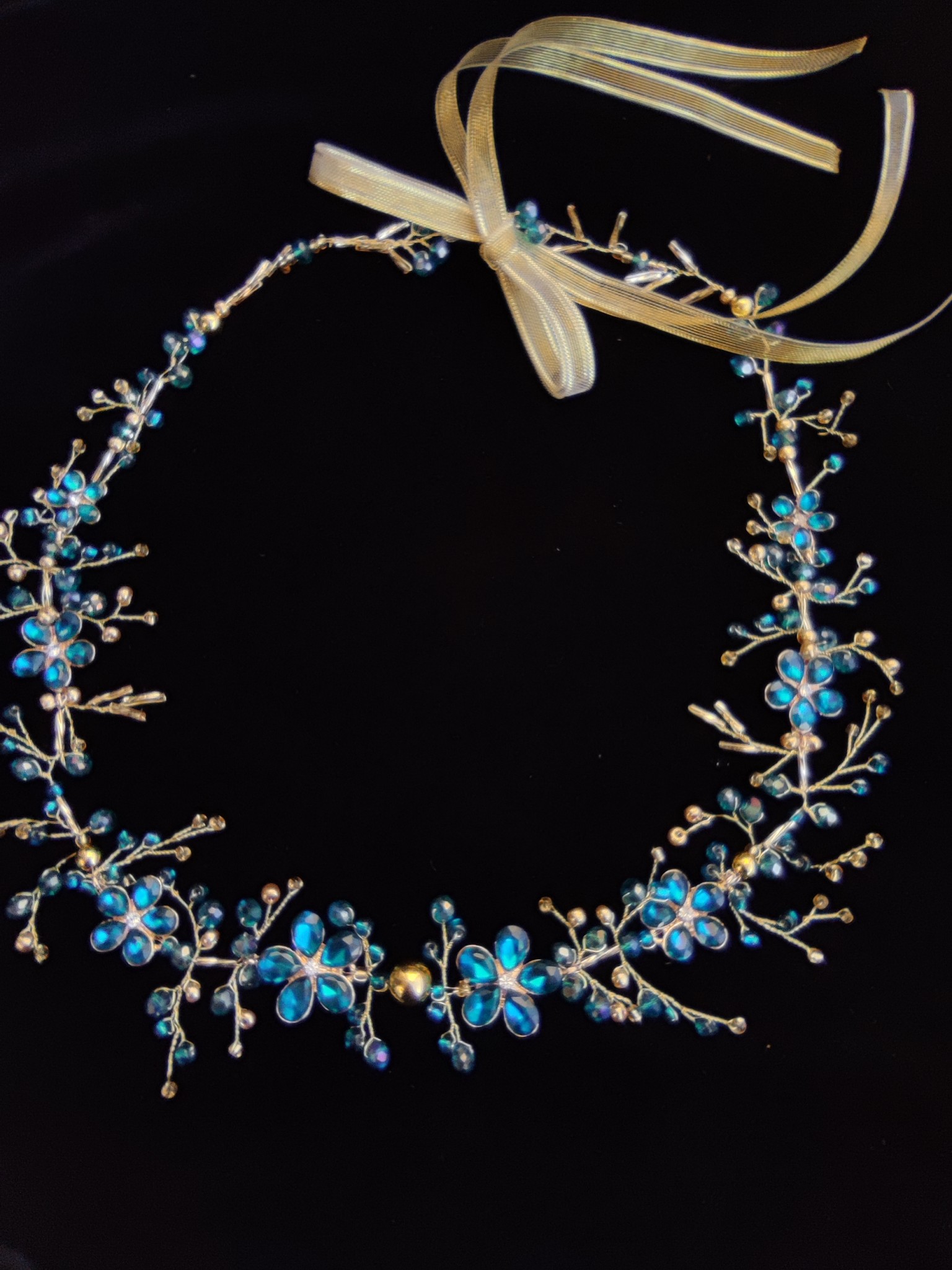 Gentle Designer Tiara - Hair Vine in Gold and Turquoise - Flowers of Dawn