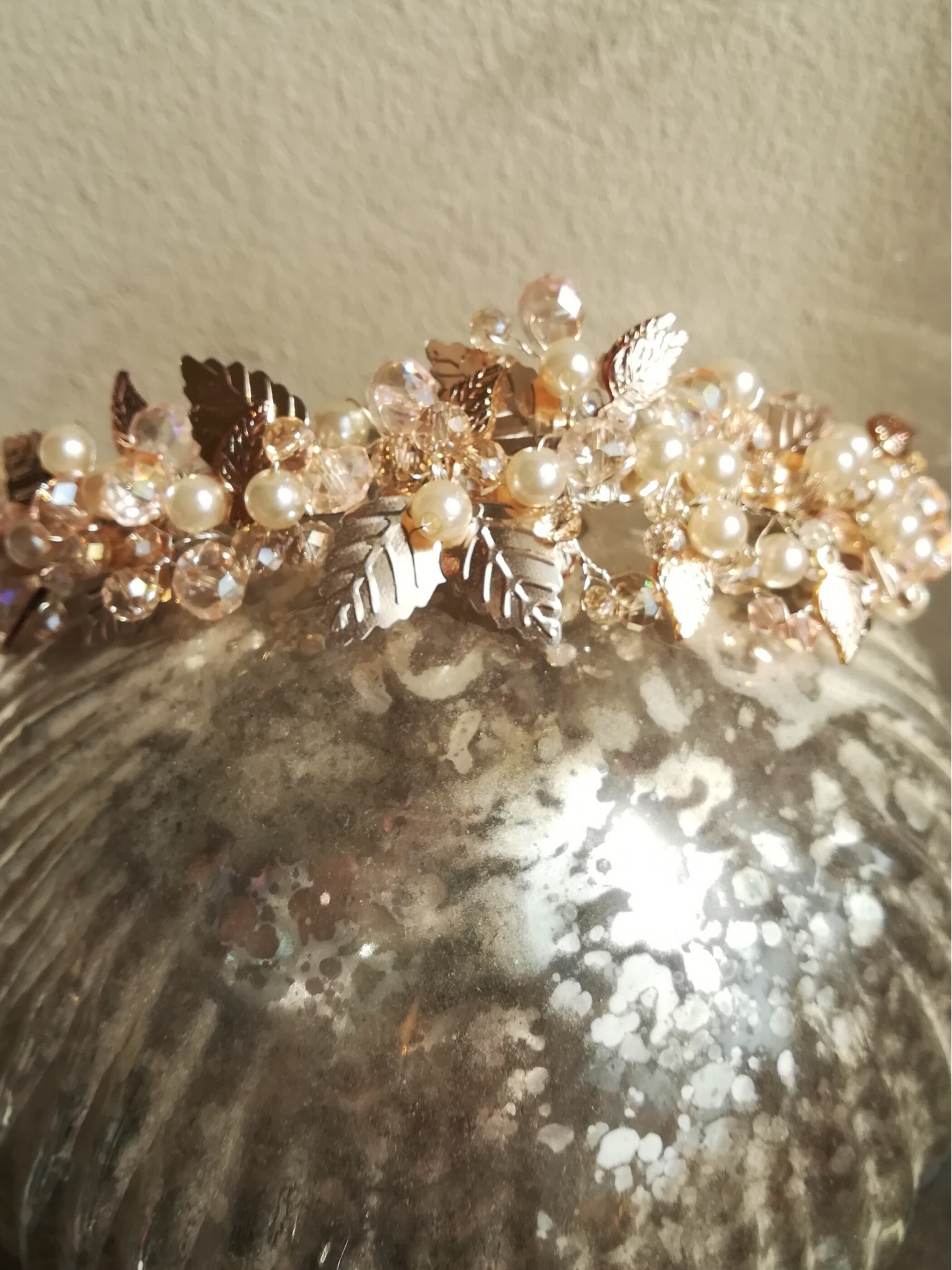  Stylish Rose Gold and Peach Tiara with Crystals and Leaves - Rose Gold Deluxe