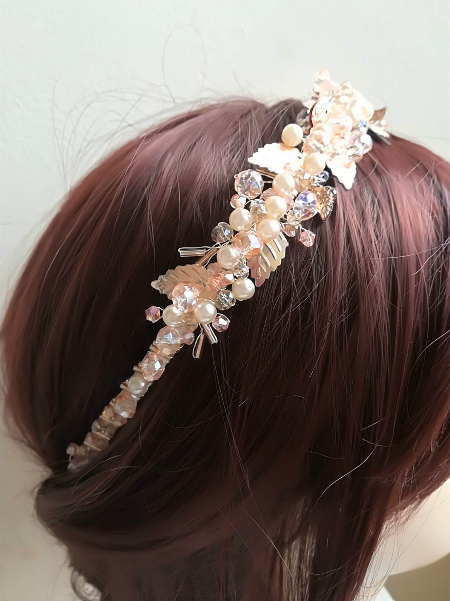 Stylish Rose Gold and Peach Tiara with Crystals and Leaves - Rose Gold Deluxe Stylish Rose Gold and Peach Tiara with Crystals and Leaves - Rose Gold Deluxe