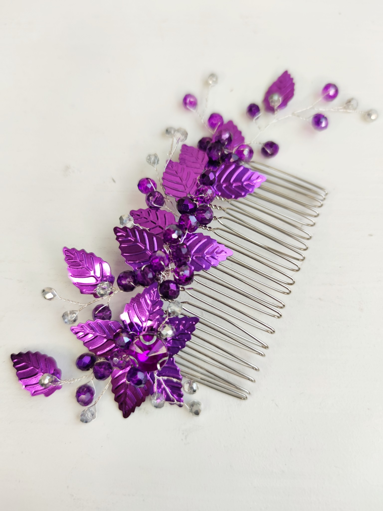 Extravagant Hair Comb with Crystals and Leaves in Purple - Purple Passion