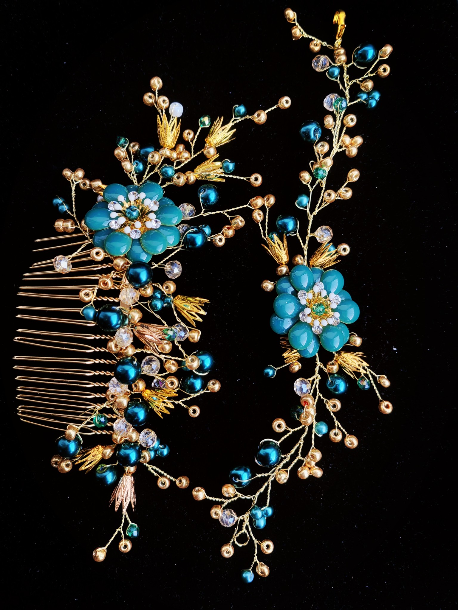Elegant hair comb and bracelet with handmade enameled pearl flowers and crystals in dark green and gold - The Kiss of Spring Elegant hair comb and bracelet with handmade enameled pearl flowers and crystals in dark green and gold - The Kiss of Spring