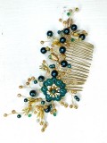 Elegant hair comb and bracelet with handmade enameled pearl flowers and crystals in dark green and gold - The Kiss of Spring