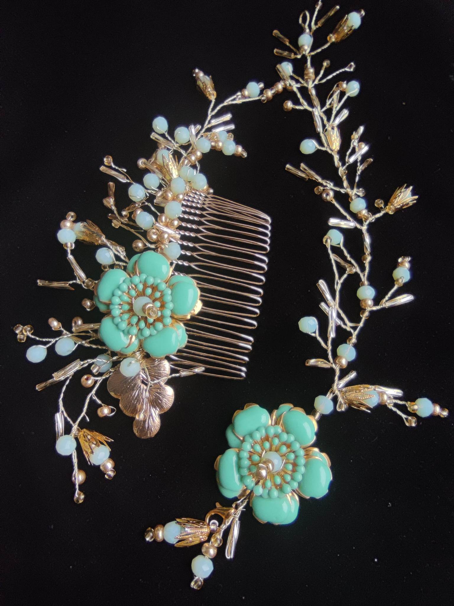 Beautiful Designer Hair Comb in Light Green and Gold Colors with Swarovski Crystals and Enameled Flower - Light Green Luxury