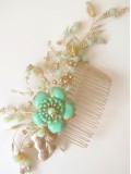 Stylish Hair comb Headpiece and Bracelet set in Light Green and Gold colors - Light Green Luxury