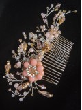 Beautiful Designer Hair Comb with Swarovski Crystals and Enameled Flower in Gold and Peach colors - Romantic Princess