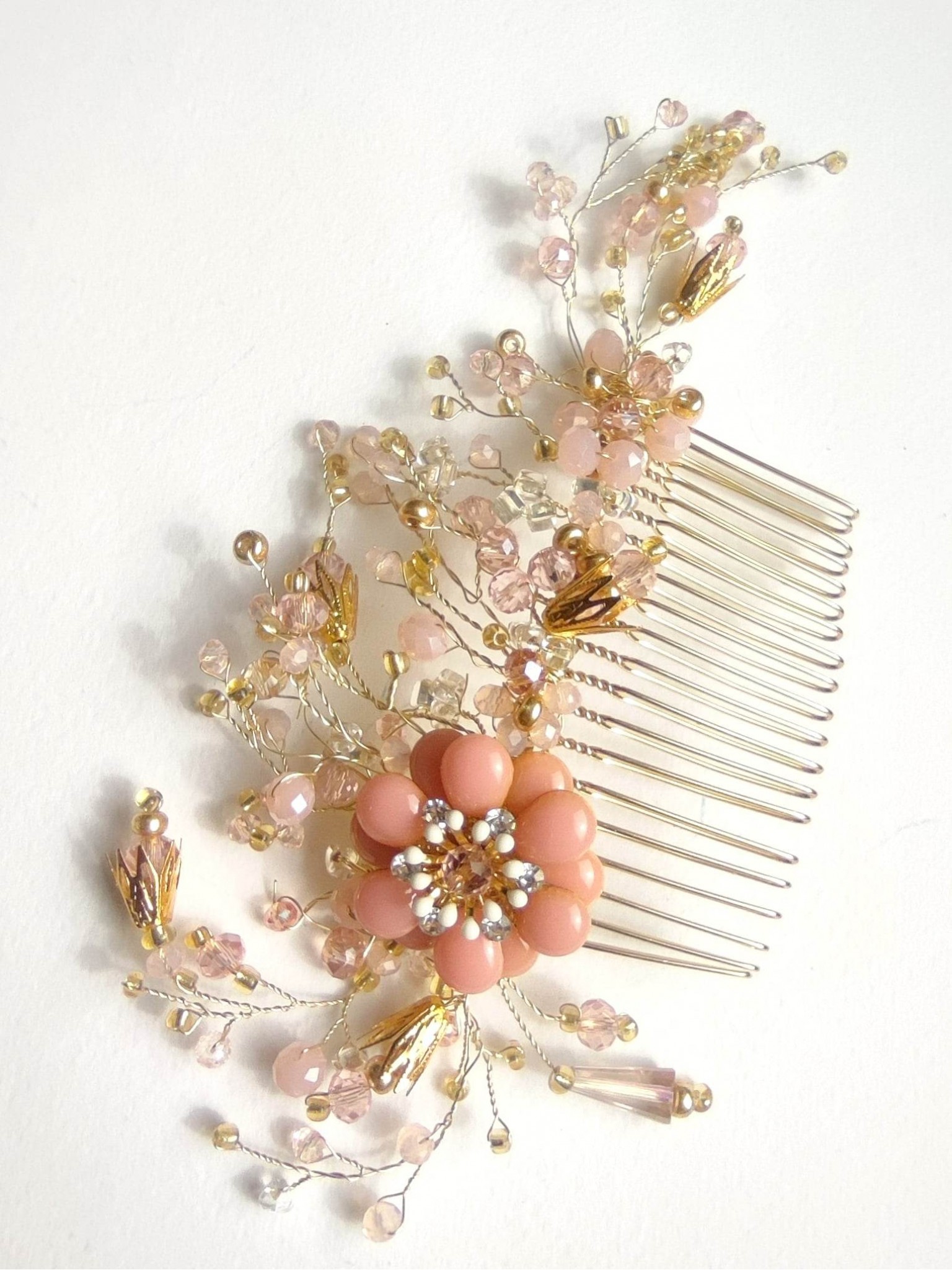Beautiful Designer Hair Comb with Swarovski Crystals and Enameled Flower in Gold and Peach colors - Romantic Princess