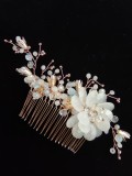 Elegant Floral Bridal Hair Comb and Bracelet Set with Pearls Crystals and Beads in Gold and Ivory - Romantic Bride