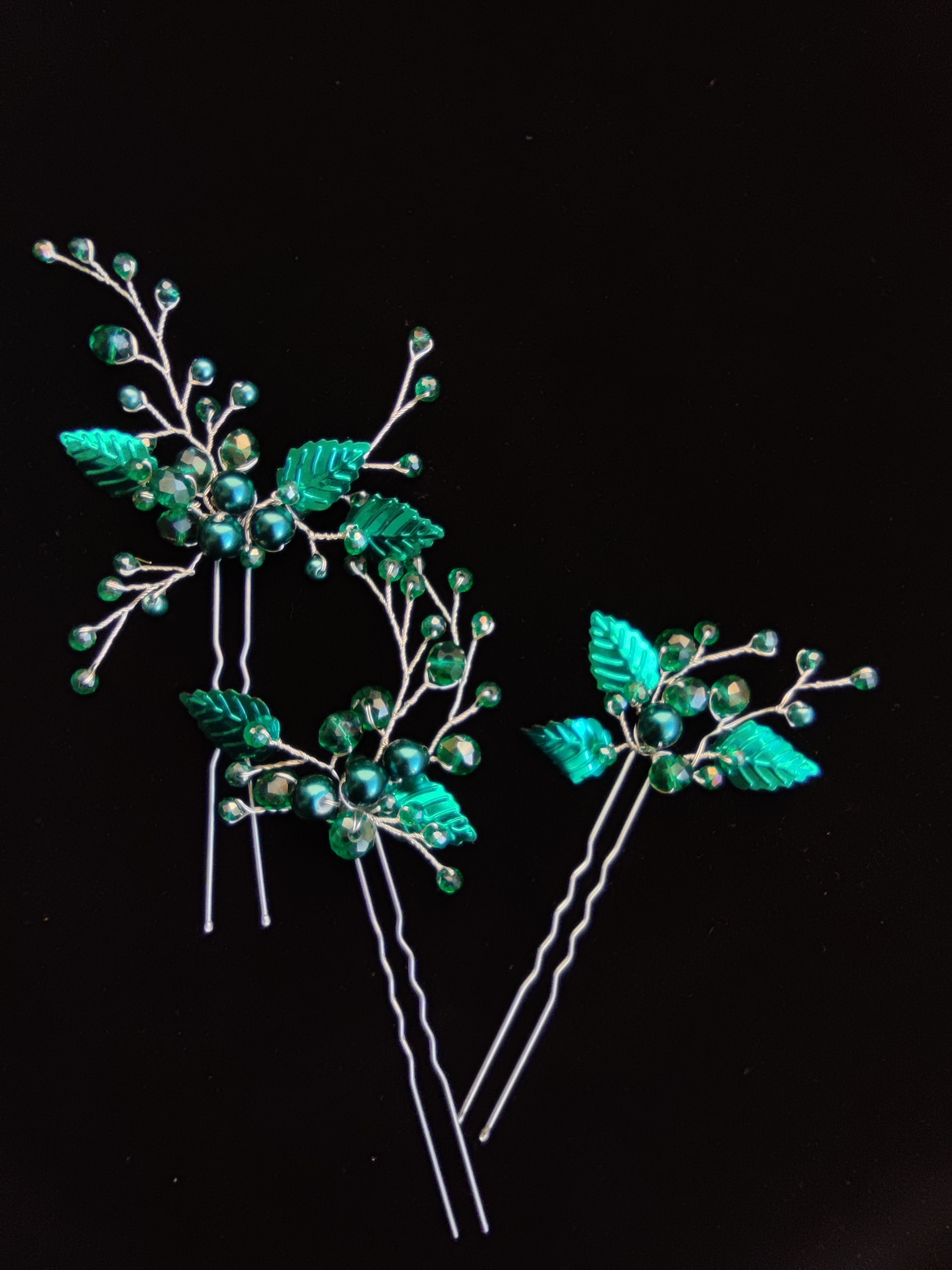 Tasarımcı Zümrüt Yeşili Yapraklı Saç Tokası 3'lü Set - Goddess Artemis