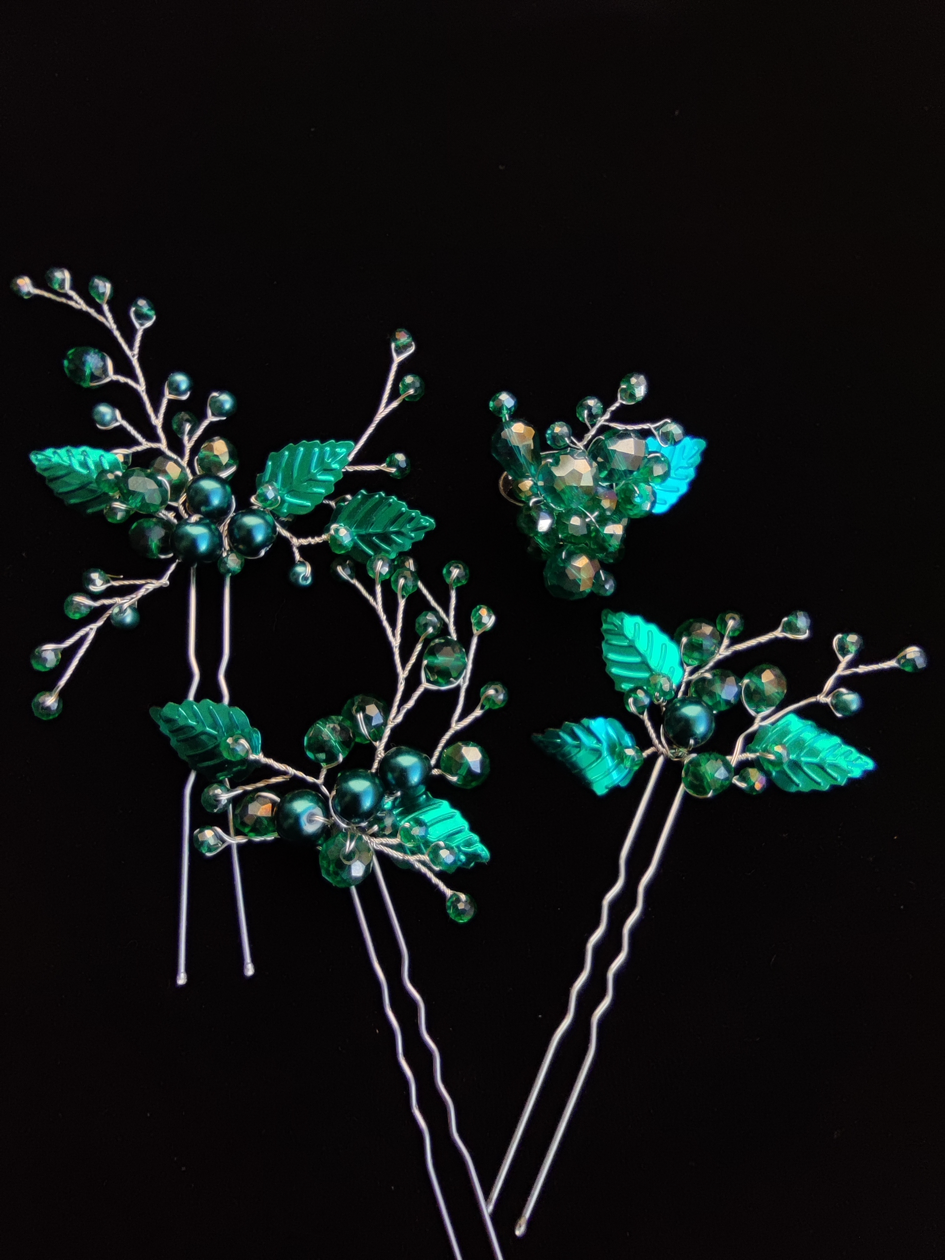 Designer smaragdgröna hårnålar med löv Set om 3 - gudinnan Artemis