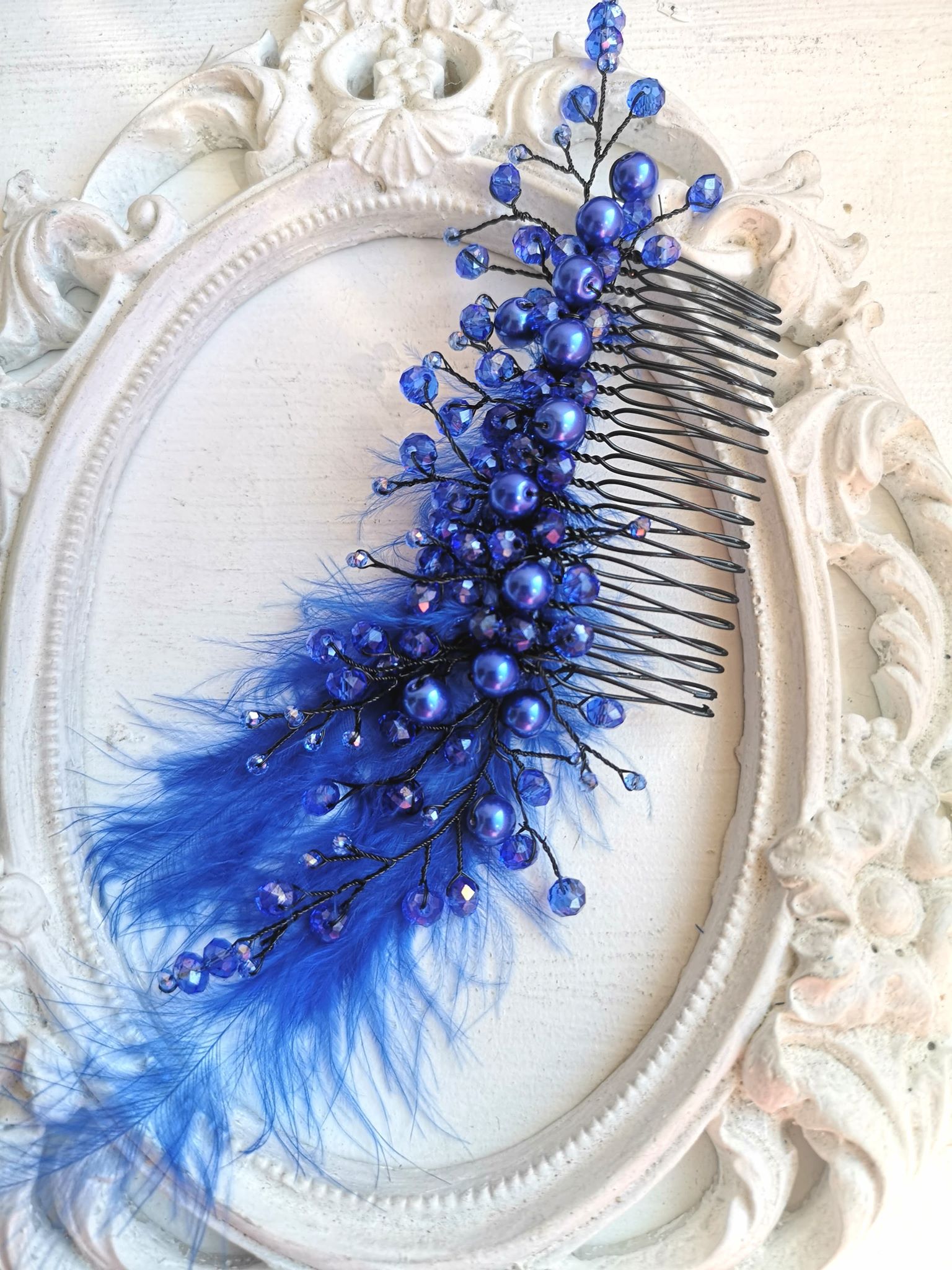 Mesmerizing Royal Blue Hair Comb with Crystals and Pearls - Blue Nebula
