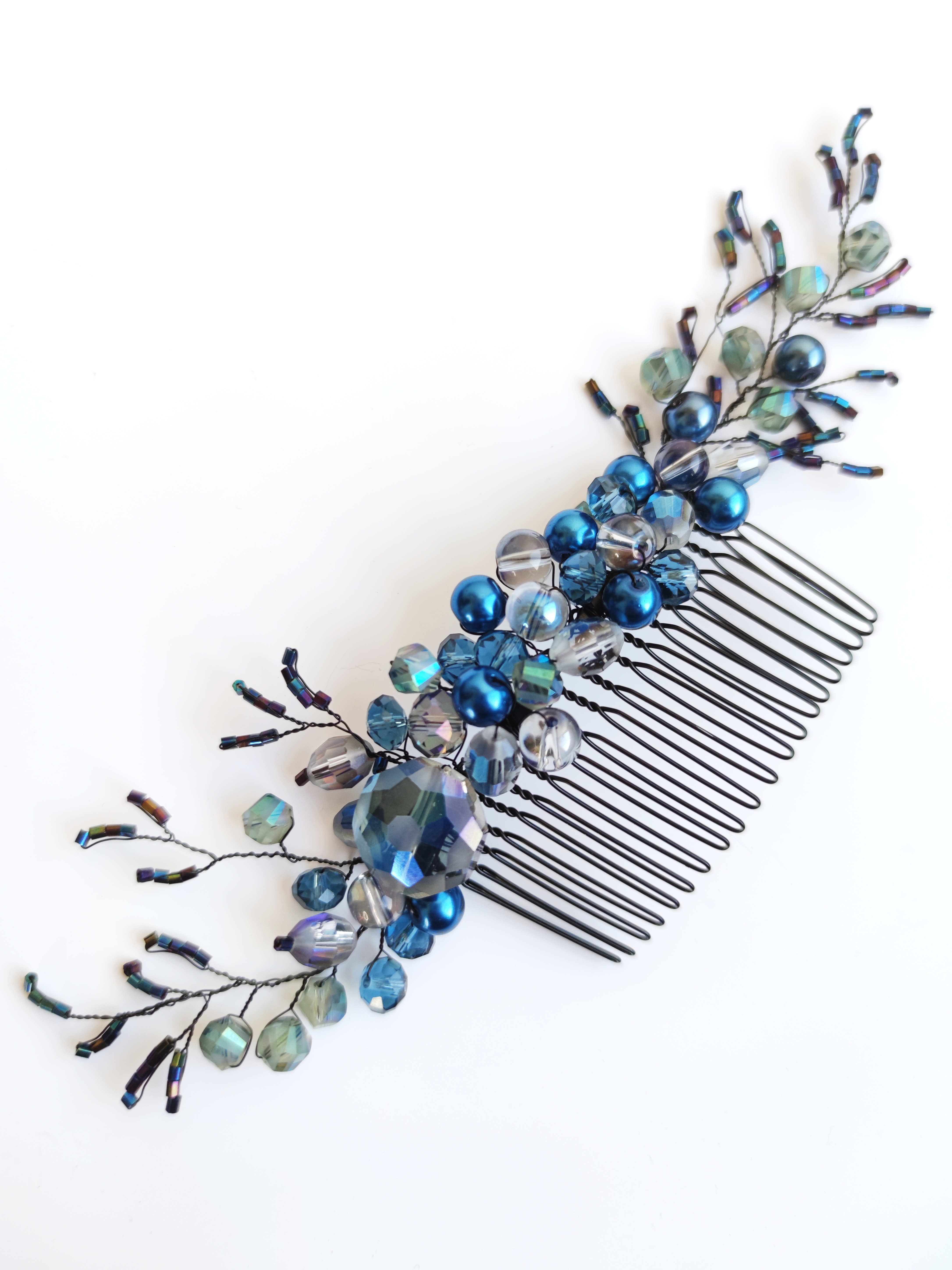 Fabulous Hair Comb Headpiece with Crystals in Denim Blue - Blue Peacock Dreams