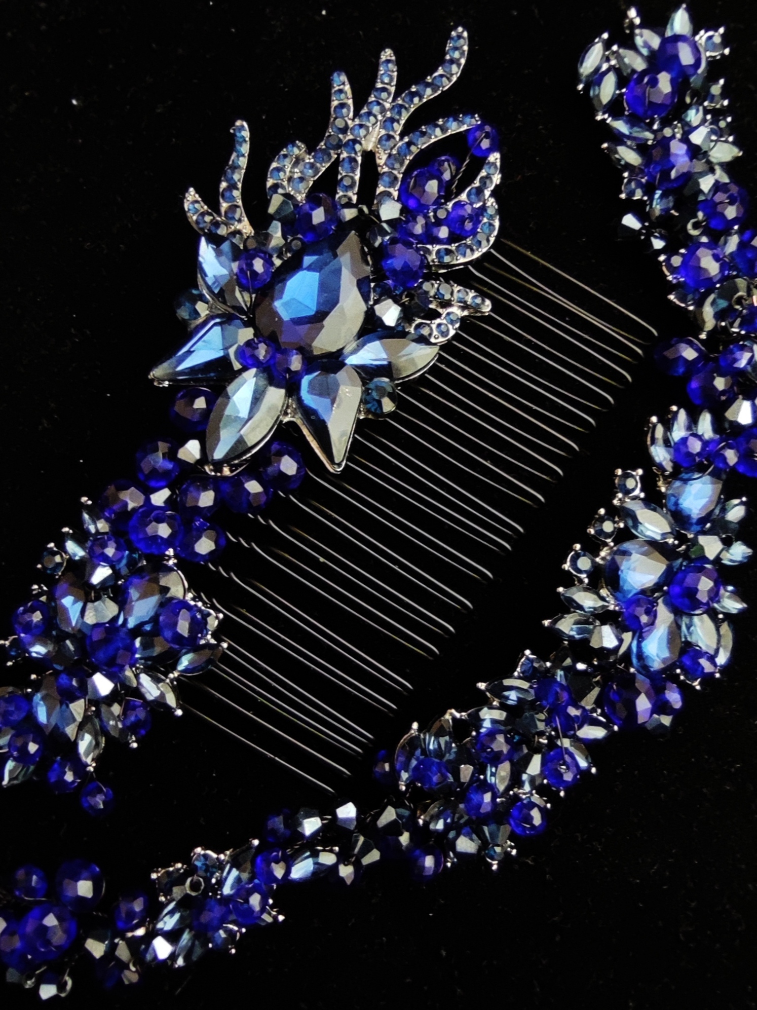 Luxurious Hair Comb Headpiece with Crystals in Dark Blue - Vibrant Midnight Blue