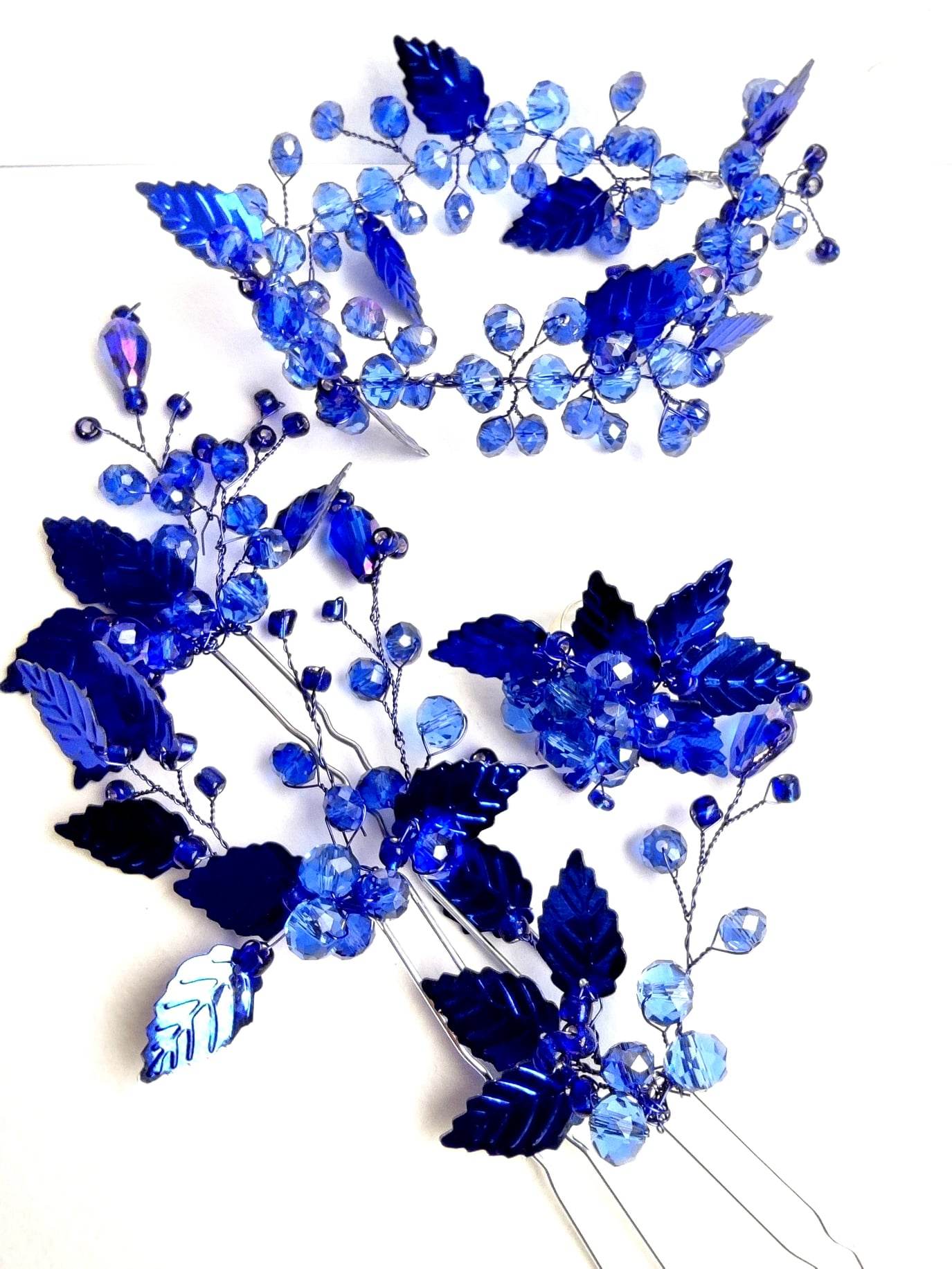 Stunning Crystal Hair Pins with Crystals and Leaves in Dark Blue - Set of 3 - Goddess Asteria