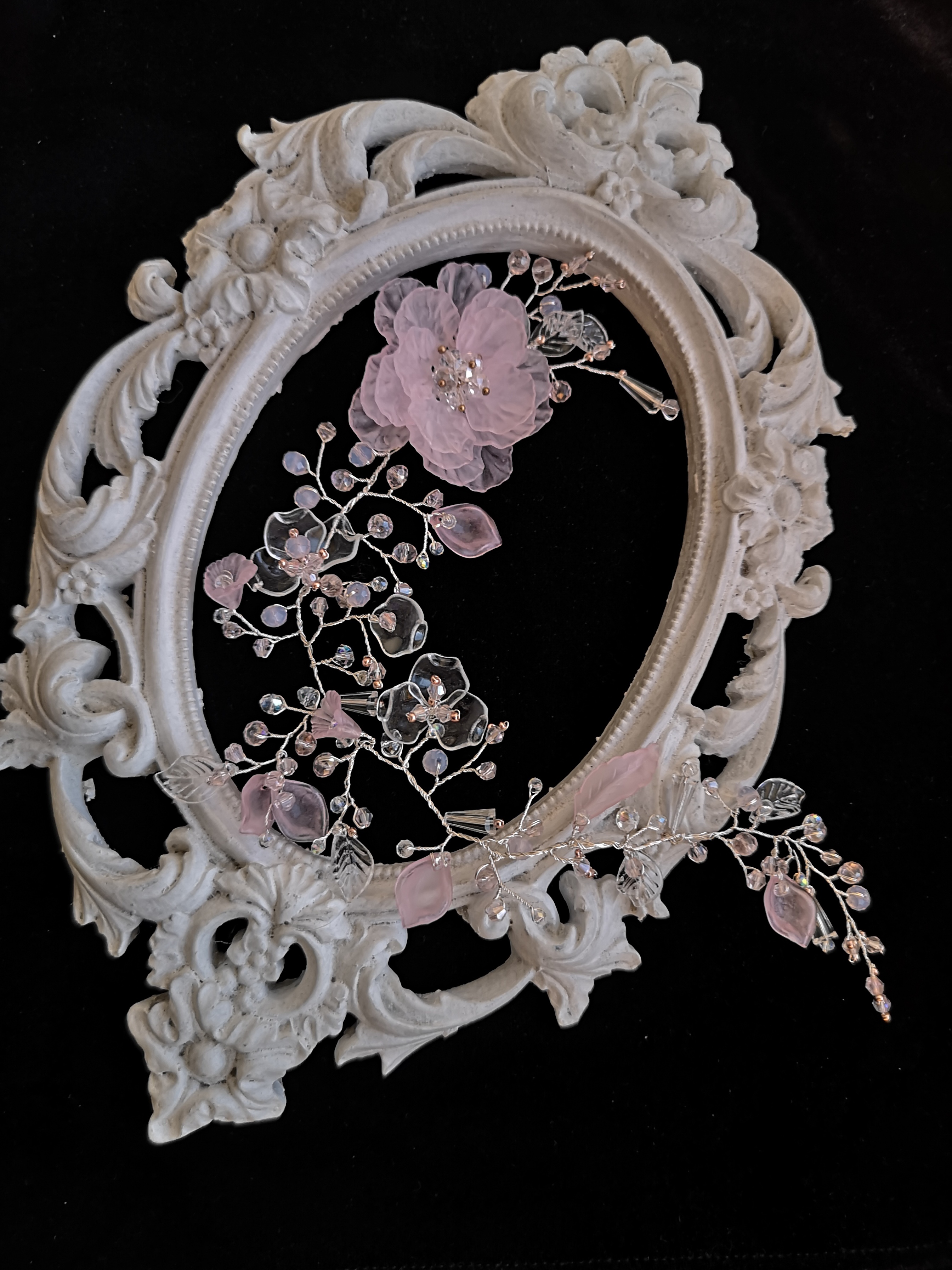Romantic Long Hair Vine with Pink Flowers and Crystals - Sakura Blossom