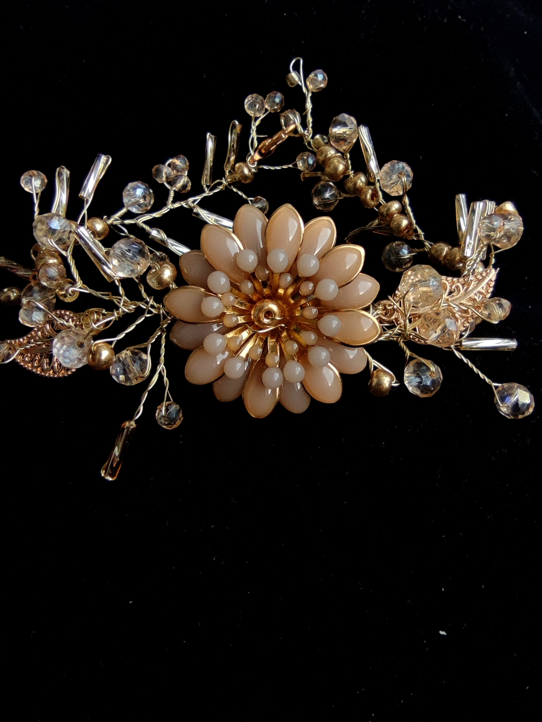 Designer Bracelet in Beige and Gold with Swarovski Crystals and Flowers - Flower of the Desert
