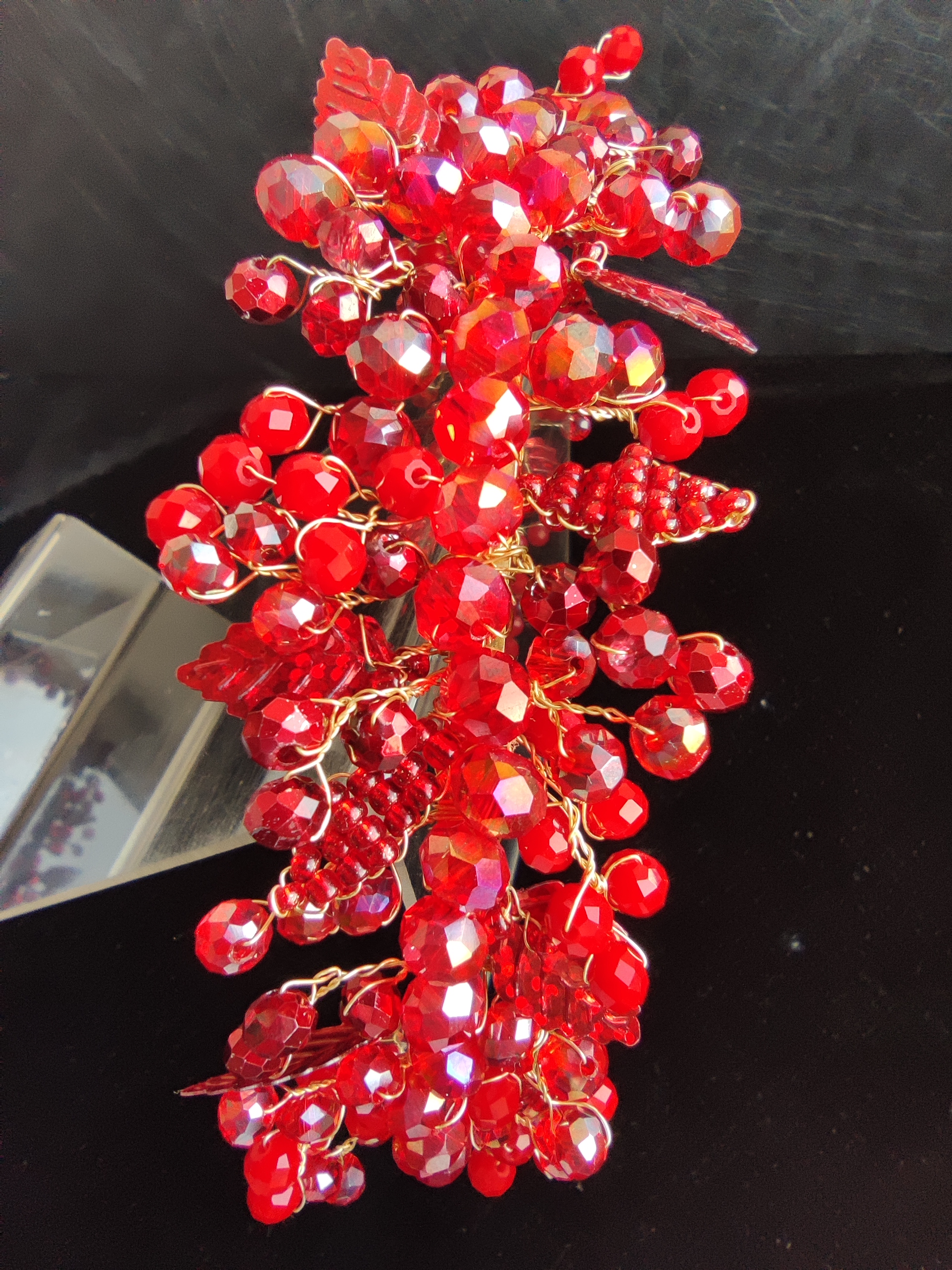Exclusive Handcrafted Red Tiara With Crystals and Leaves - Fiery Seduction
