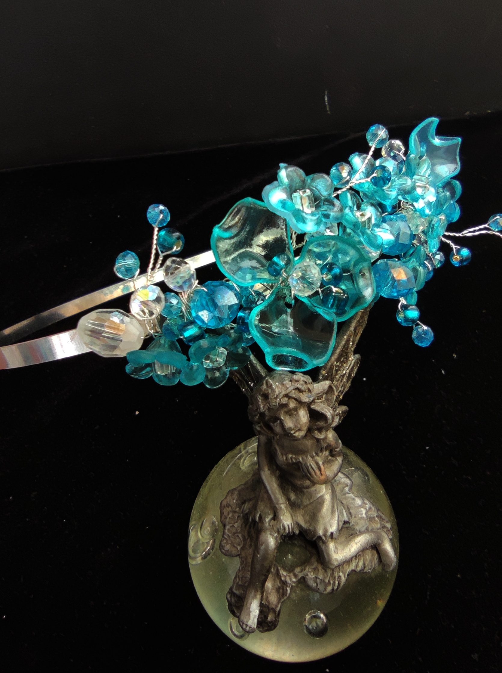 Artistic Asymmetrical Tiara with Turquoise Flowers and Crystals - Azure Bloom