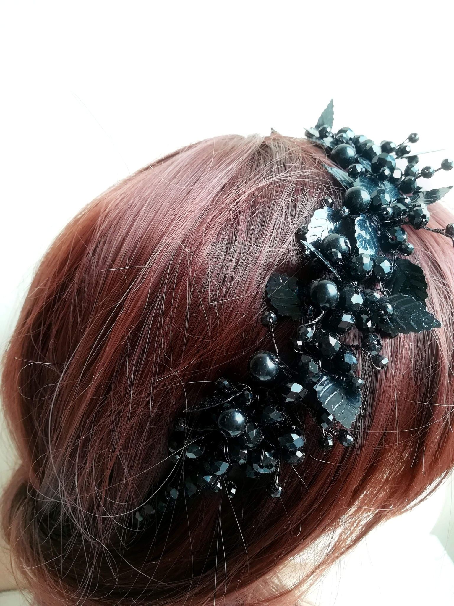  Elegant Black Tiara with Crystals and Leaves - Goddess of Night