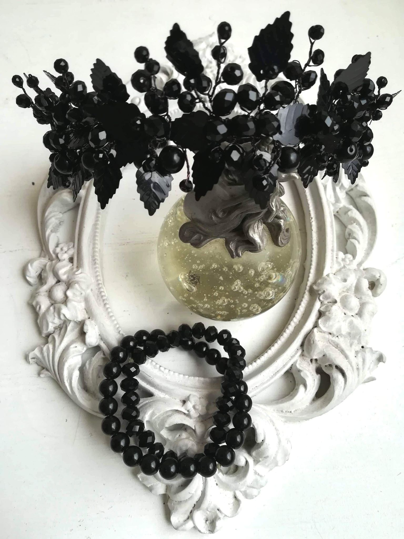  Elegant Black Tiara with Crystals and Leaves - Goddess of Night