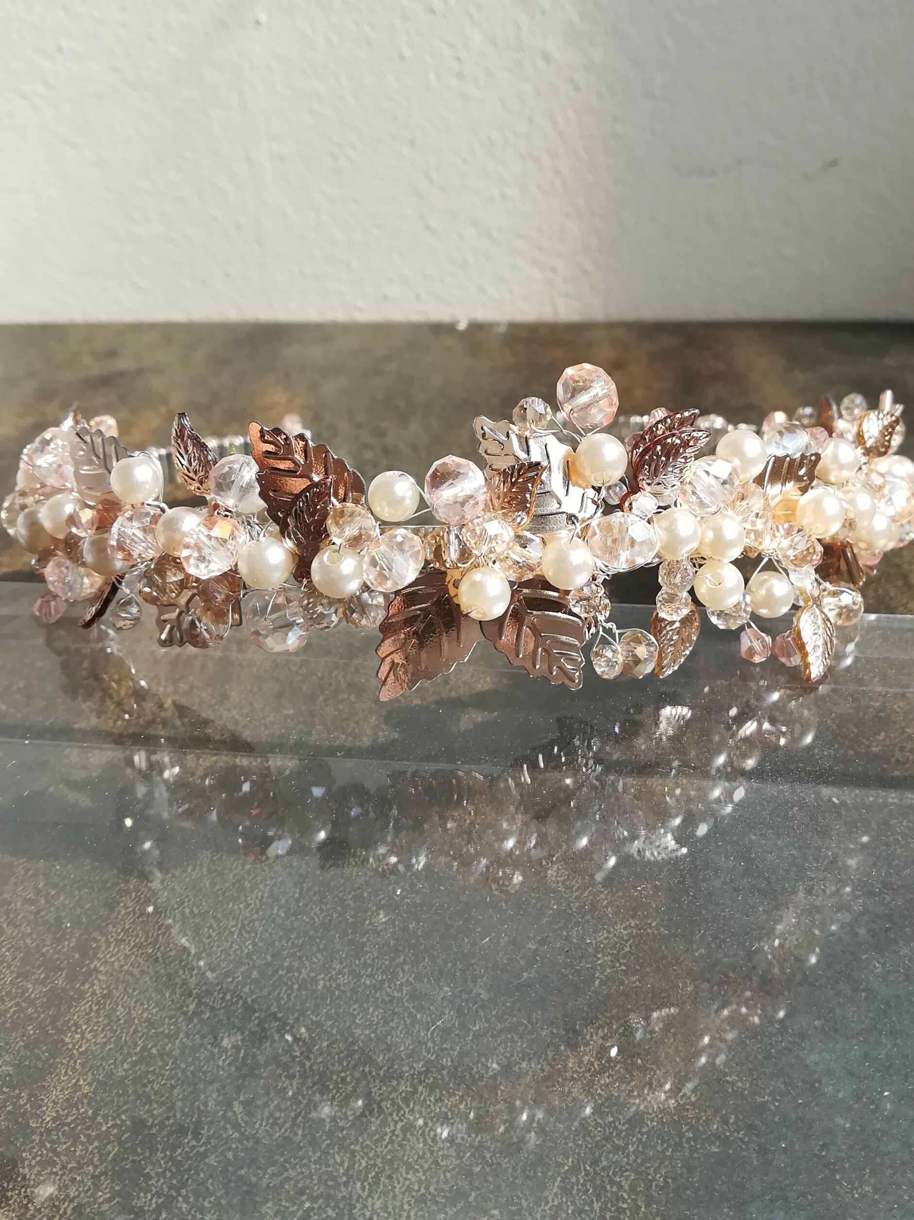  Stylish Rose Gold and Peach Tiara with Crystals and Leaves - Rose Gold Deluxe