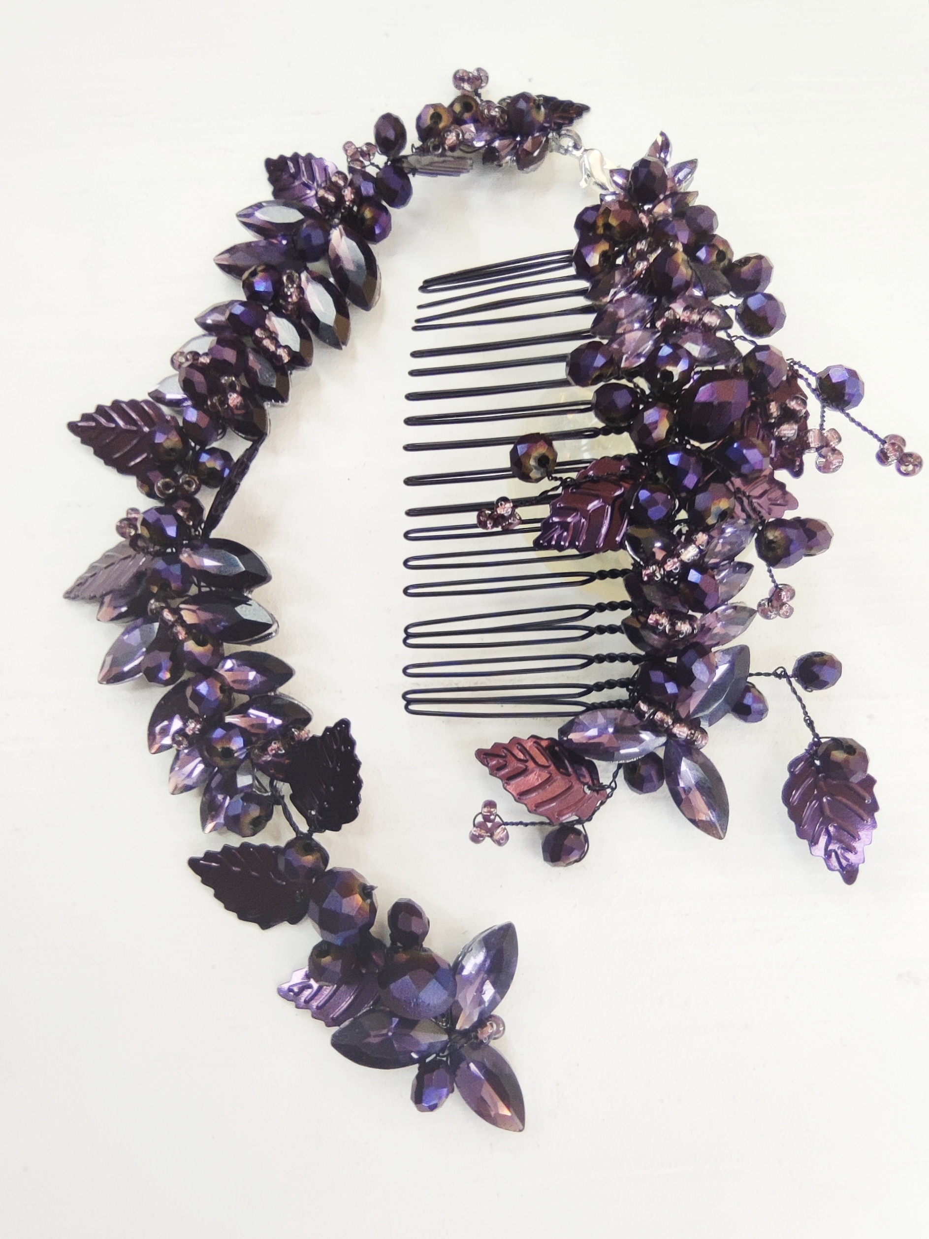 Luxurious Asymmetrical Bracelet with Crystals and Leaves in Dark Purple and Violet - Touch of Magic