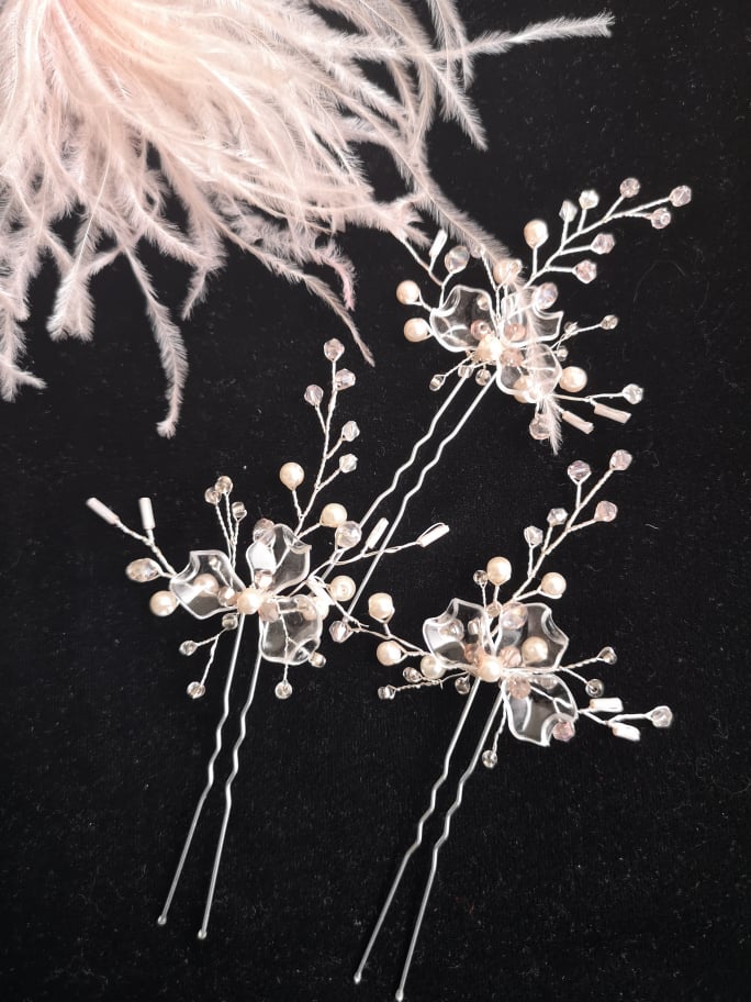 Gentle Floral Wedding Hair Pins with Pearls and Crystals in Dusty Rose color set of 3 - Frosted Rose Dreams